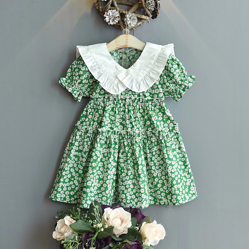 Dress Anak Perempuan Korean Fashion Floral Printed Warna Hijau Gaun