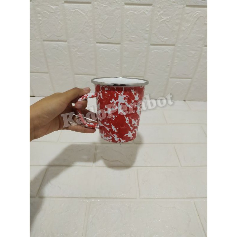 Mug enamel langsing - gelas gagang motif lurik- cangkir gagang lurik