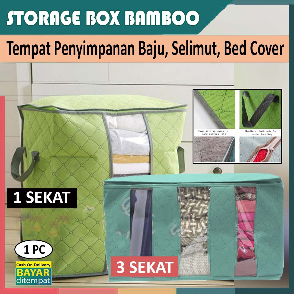 BAMBOO STORAGE BOX 65 liters Bamboo Box 1 &amp; 3 Sekat Organizer Pakaian Selimut Bed Cover Sprei Baju Tas Penyimpanan Keranjang Pakaian