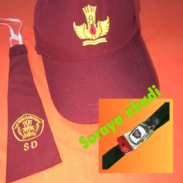 Paket Topi SD MERAH POLOS + Gesper + Dasi BORDIR SD PEREMPUAN