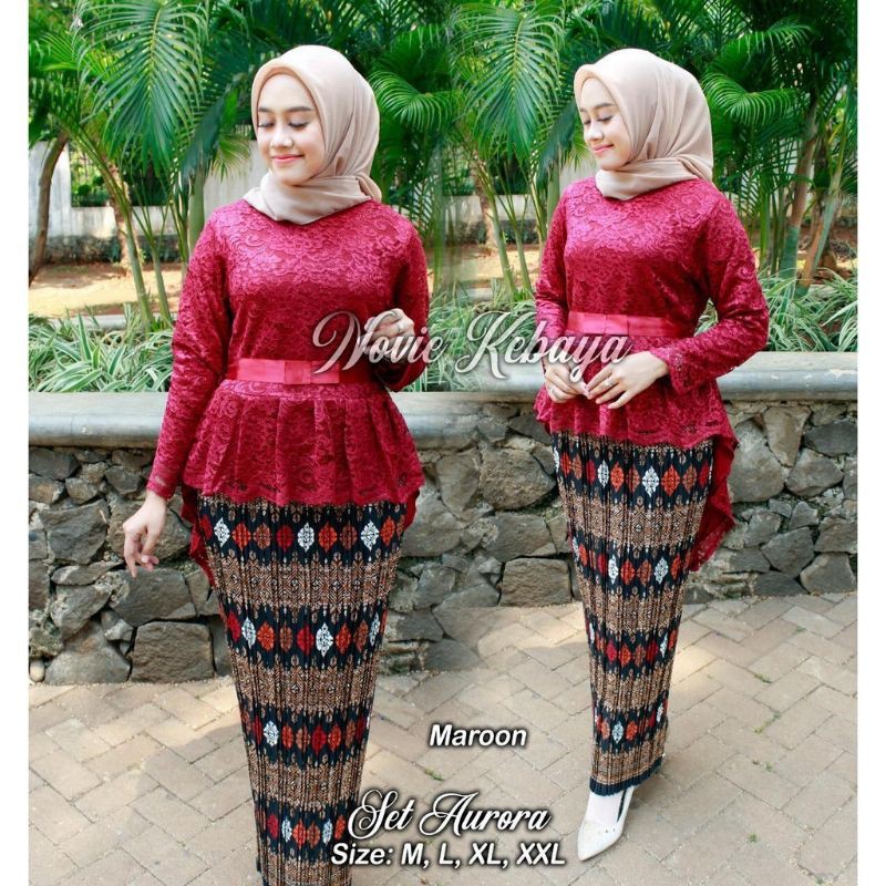 IndahKebaya | SETELAN KEBAYA AURORA BROKAT MIX ROK PLISKET TERLARIS / HIJAU / MOCCA COKSU / NAVY