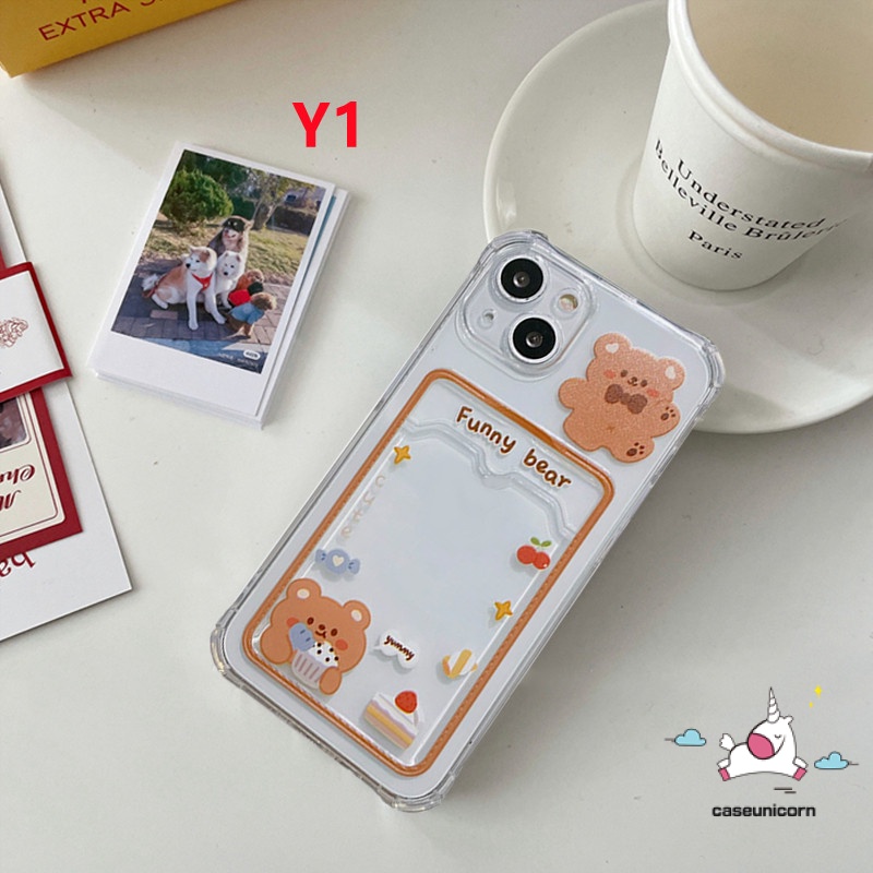 Soft Case Dompet Kartu Transparan Motif Kartun Kelinci Beruang Tahan Banting Untuk iPhone 11 13 12 14 Pro Max 14 6 7 6s 8 plus XR X XS Max SE 2020