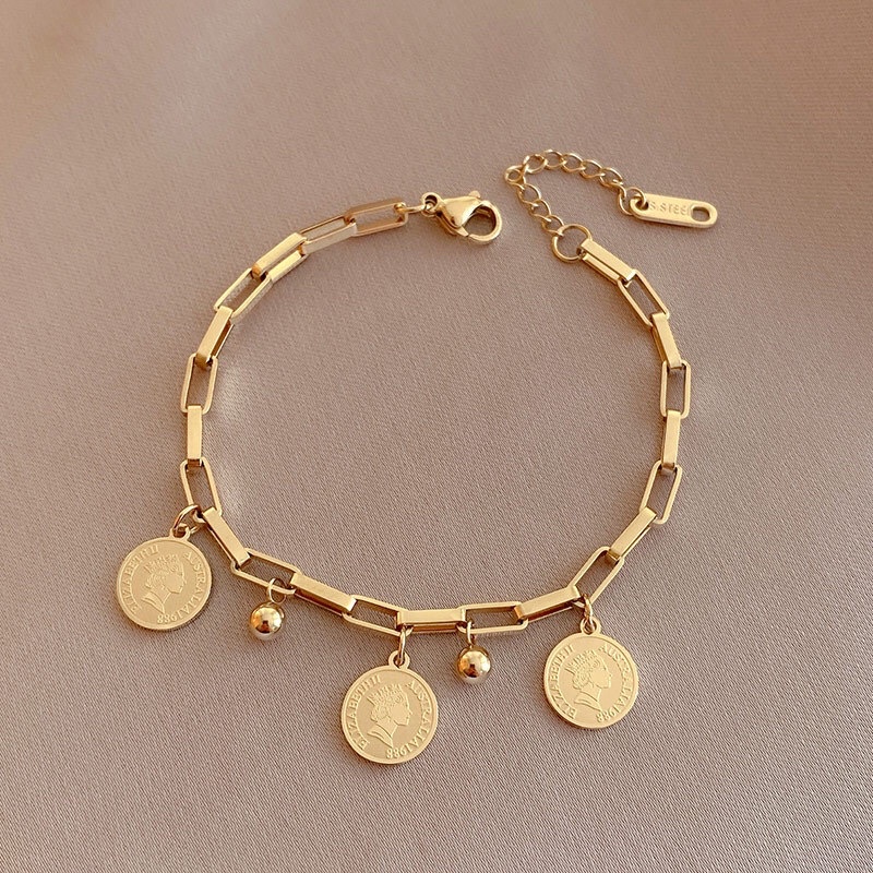 Gelang Titanium Gold 18K Koin Elisabet Ratu Fashion Style Premium