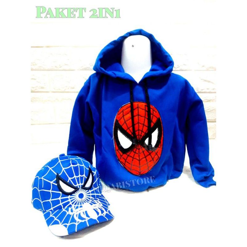 paket 2in1 switer hoodie anak dan topi anak motif batman spiderman LED bisa nyala hoodie anak sweater hoodie