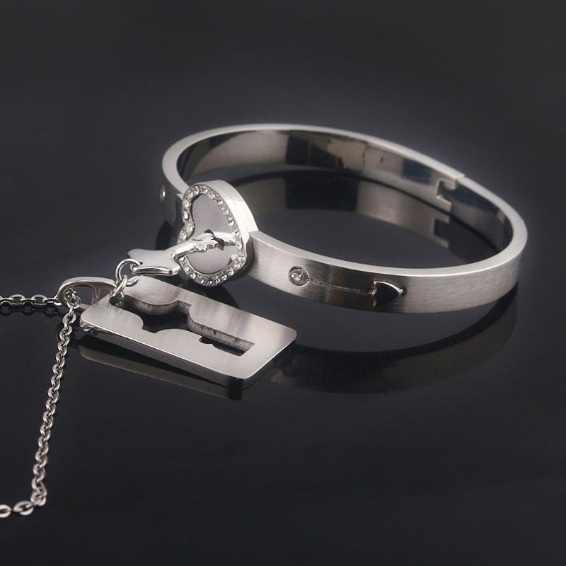 SIY  Titanium Steel Love Puzzle Couple Heart Lock Key Couple Bracelet Necklace Lover Jewelry Set Fashion Jewelry