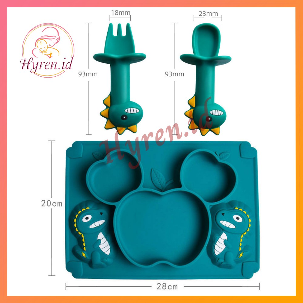 Hyren.id S11 Silicone Feeding Set Piring Bayi Suction Dino Sendok Garpu Tempat Makan Silikon Anti Slip Tumpah Dinosaurus Baby Plate Premium Balita Anak Pink Green Hijau