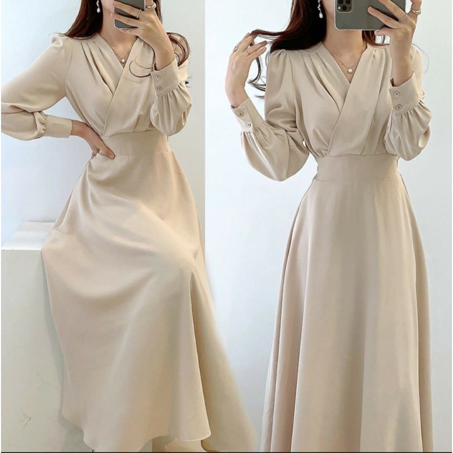 Long Dress Wanita Korean Style Kekinian Lengan Panjang