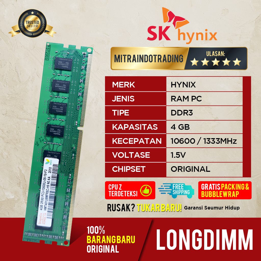 RAM HYNIX LONGDIMM DDR3 4GB PC 10600 / 1333 BERGARANSI