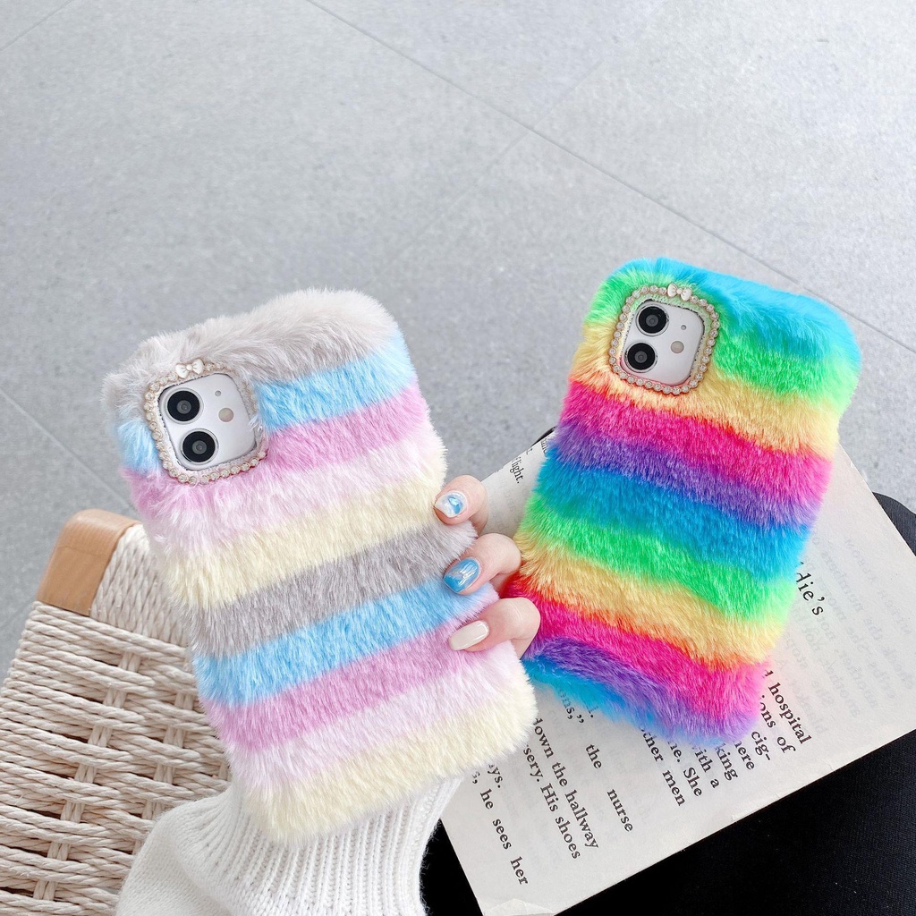 Case Bahan Plush Desain Kelinci Motif Garis Pelangi Untuk Iphone X 11 12 Pro Xs XR 8 Plus 13 7 Plus