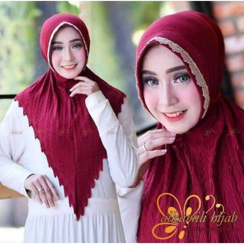 (Cod) Jilbab instan plisket gelombang ped renda prada