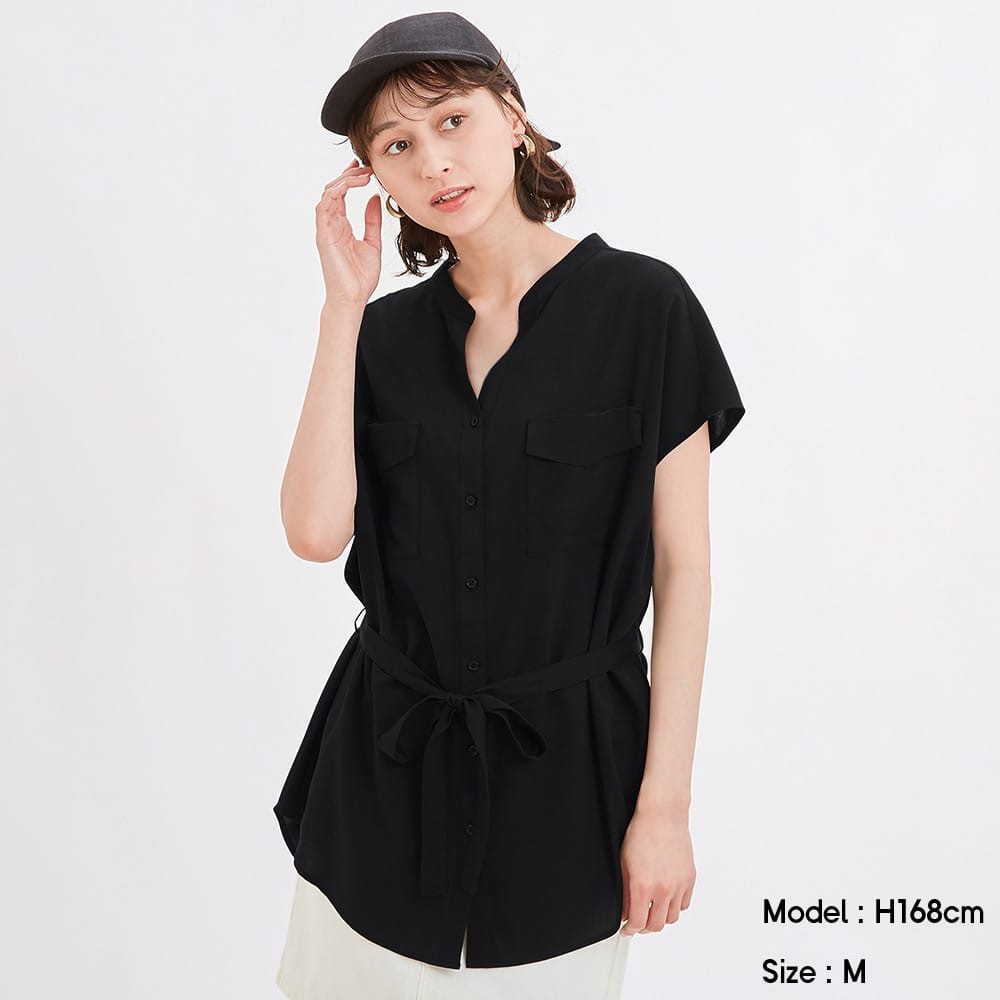 BLOUSE WANITA UNIQLO GU772 UTILITY TIEWAIST SHIRT BLOUSE-BLACK