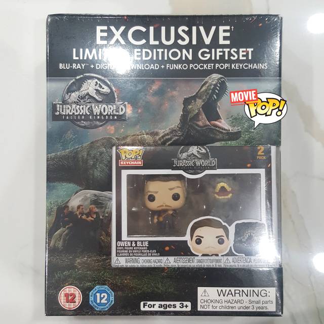 Blu Ray + 2 Funko POP Keychain Jurassic World 2 The Fallen Kingdom - Owen & Blue