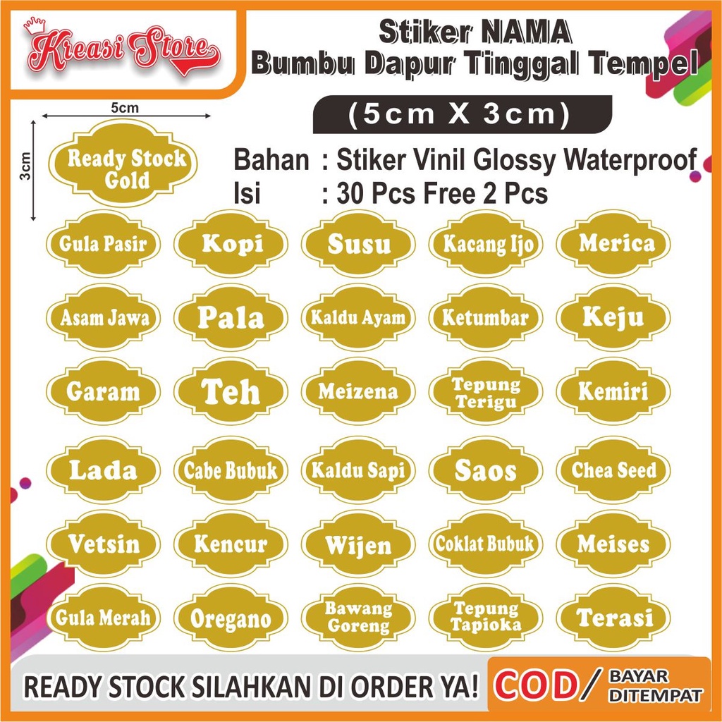 

COD✔ Stiker Label Nama Bumbu Dapur Waterproof Isi 30 Pcs uk 3x5cm Ready Stock free 2pcs