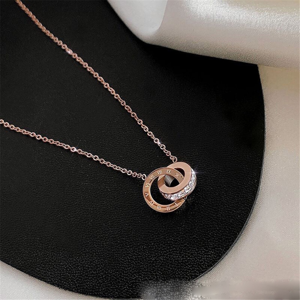 Kalung Rantai Liontin Cincin Ganda Bahan Titanium Steel Hias Zircon Warna Kontras Untuk Wanita