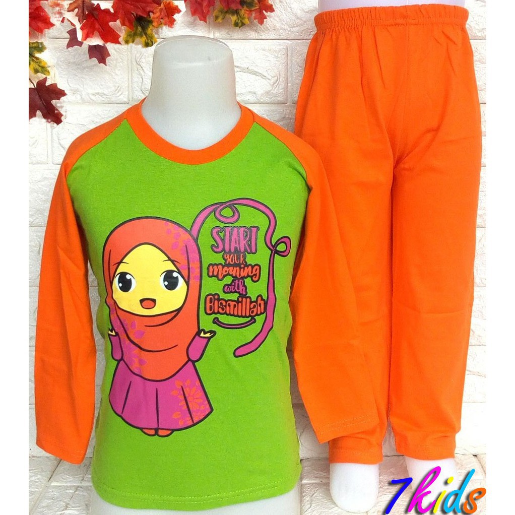 MANTROLL - Baju Setelan Kaos dan Celana anak karakter muslimah islami lengan panjang usia 7-8 tahun