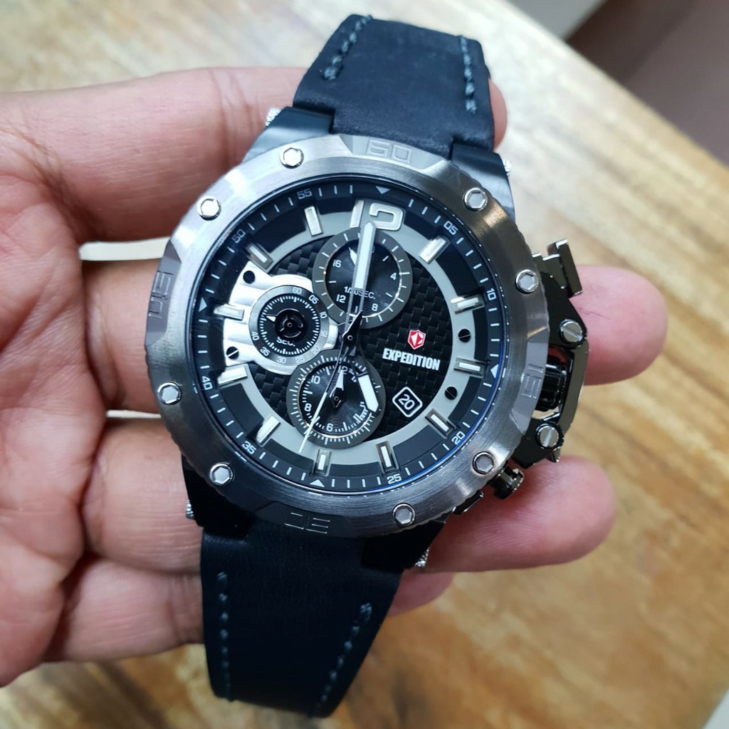 Jam Tangan Original Expedition E 6751 pria tali kulit hitam abu