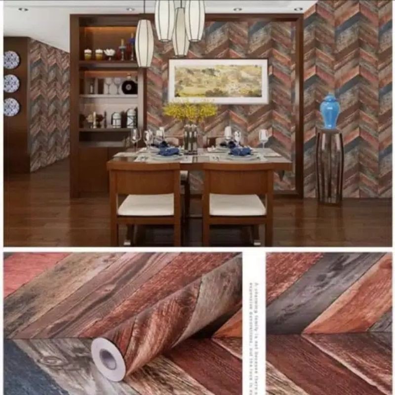 Wallpaper Sticker Dinding Kayu Warna Warni Panjang 10M x Lebar 45Cm