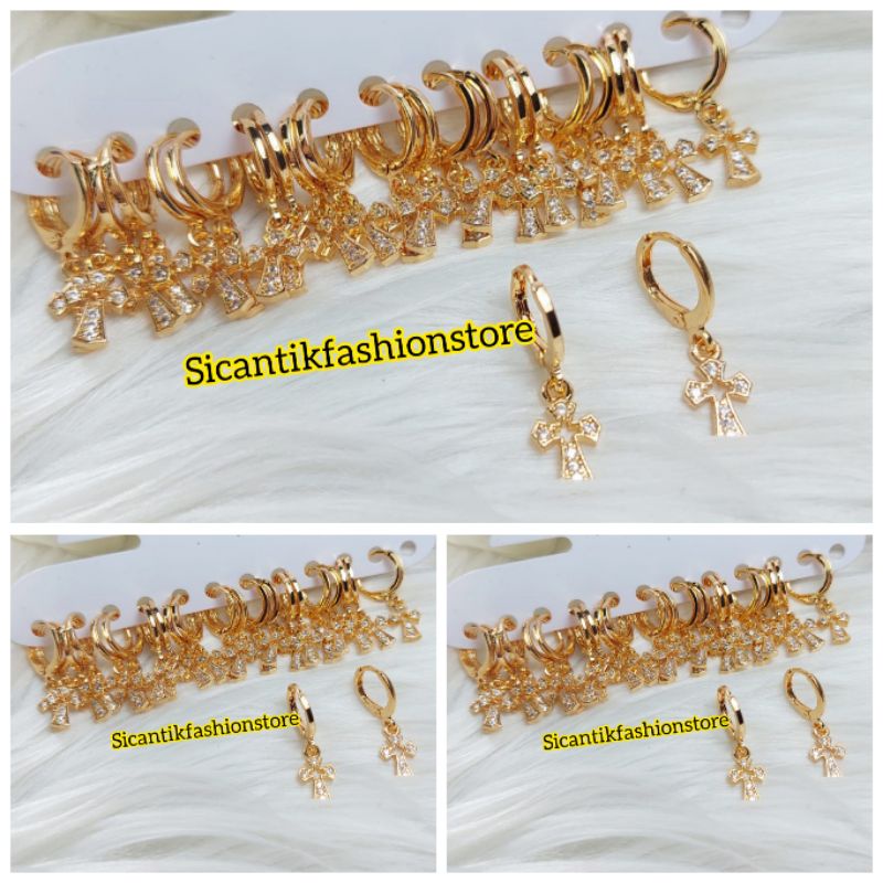 Anting Titanium Wanita Salib Gold Terbaru Terlaris Anti Karat Tidak Luntur Anting Wanita Salib Gold Kekinian Mewah