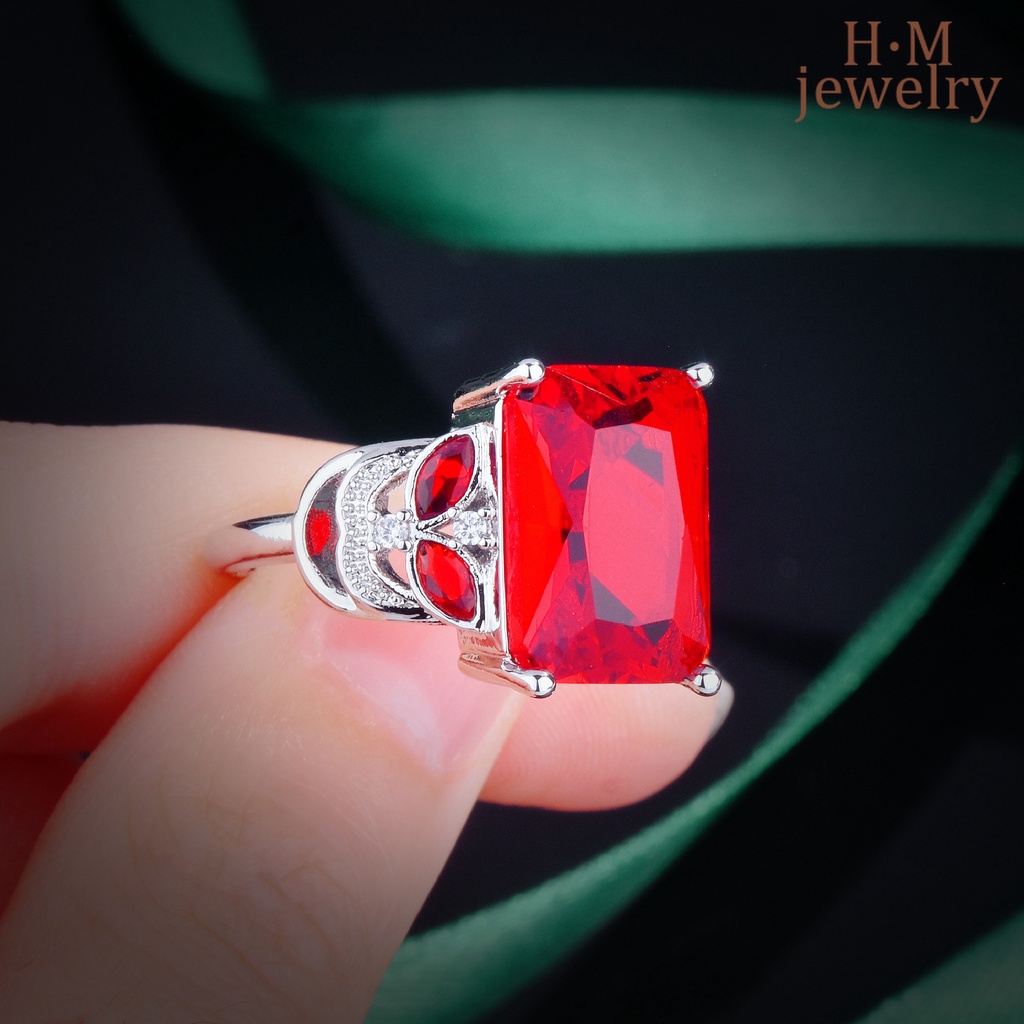 Cincin Berlian Ruby Merah Bentuk Kotak