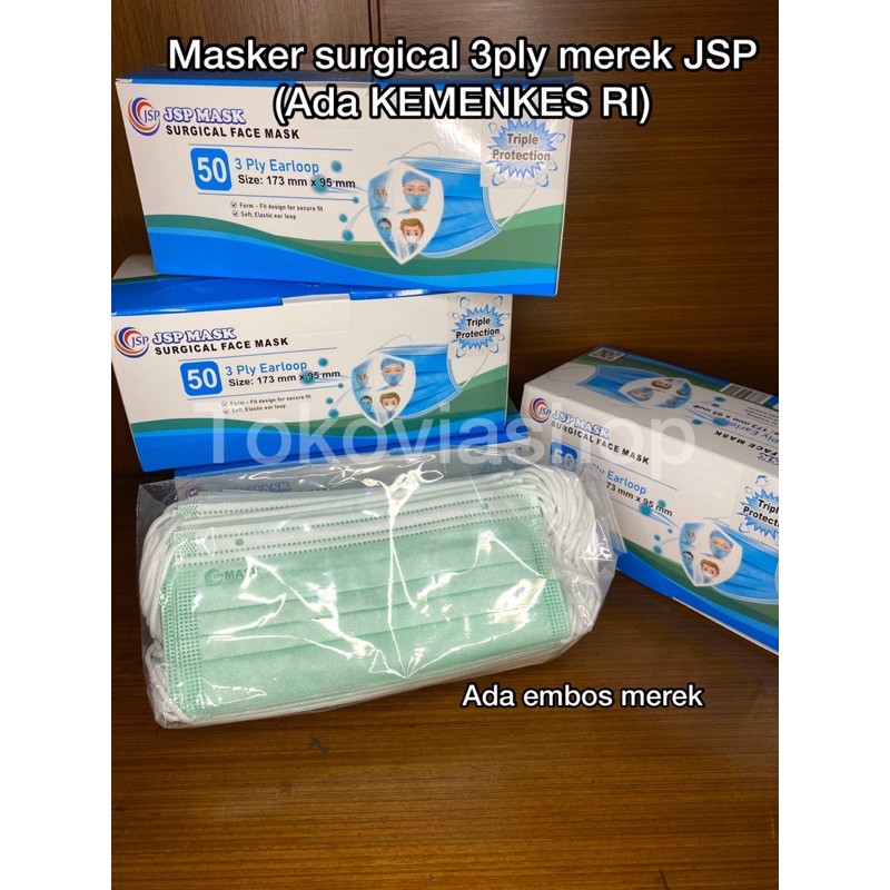 Masker Medis Surgical 3 ply earloop JSP Mask kemenkes embos @50pcs