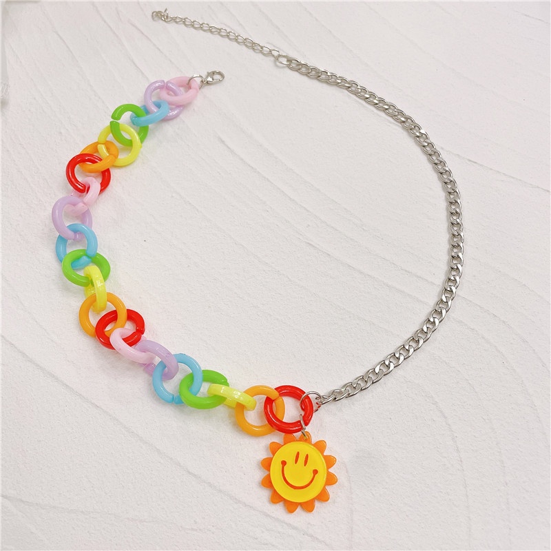 Korea Harajuku Style Sunflower Necklace Colorful Chain Stitching Necklace