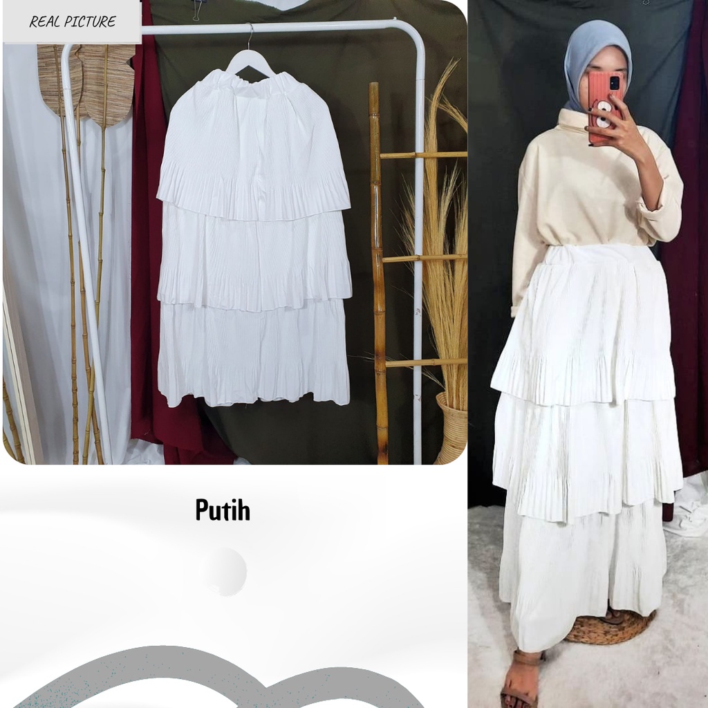 Rok Panjang Susun BrokenWhite Kekinian Koreanstyle Murah Lingkar 50-100cm Panjang 90cm