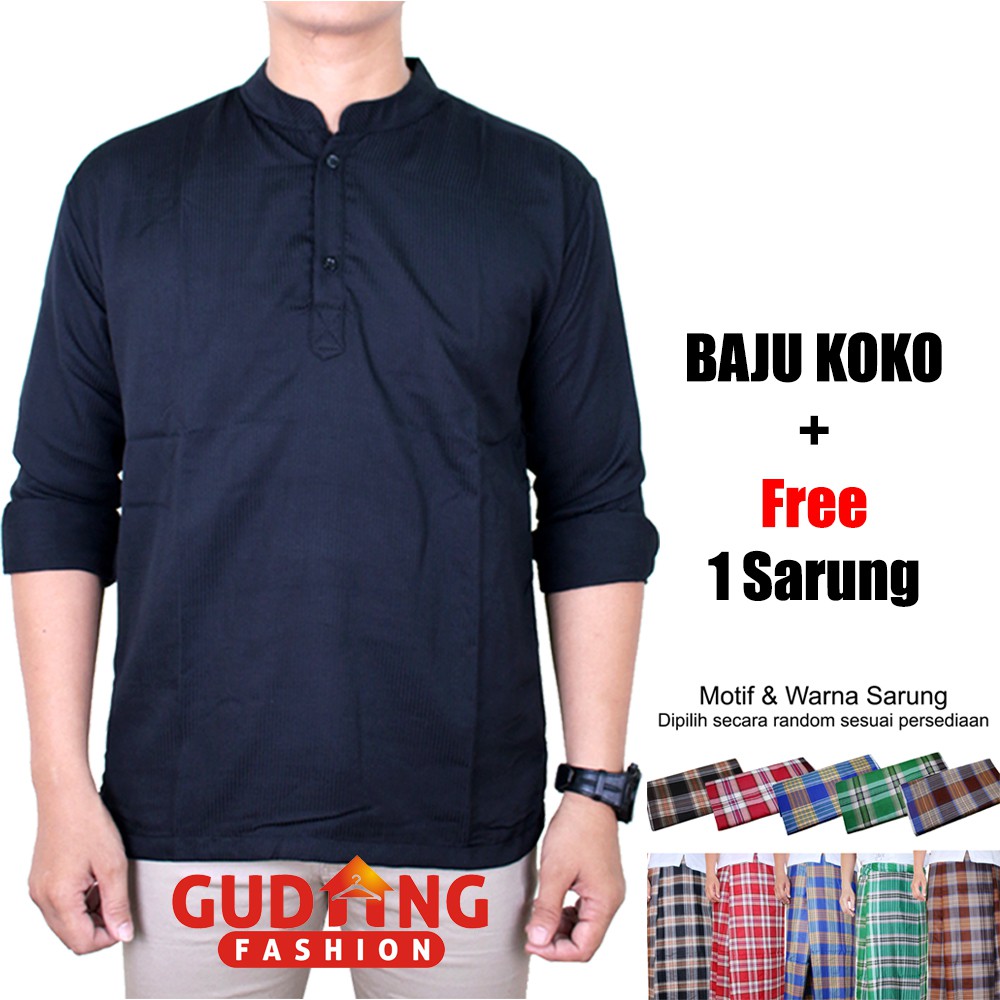 Kemeja Koko Panjang Polos Kerah Shanghai Free Sarung (Banyak Pilihan Warna)