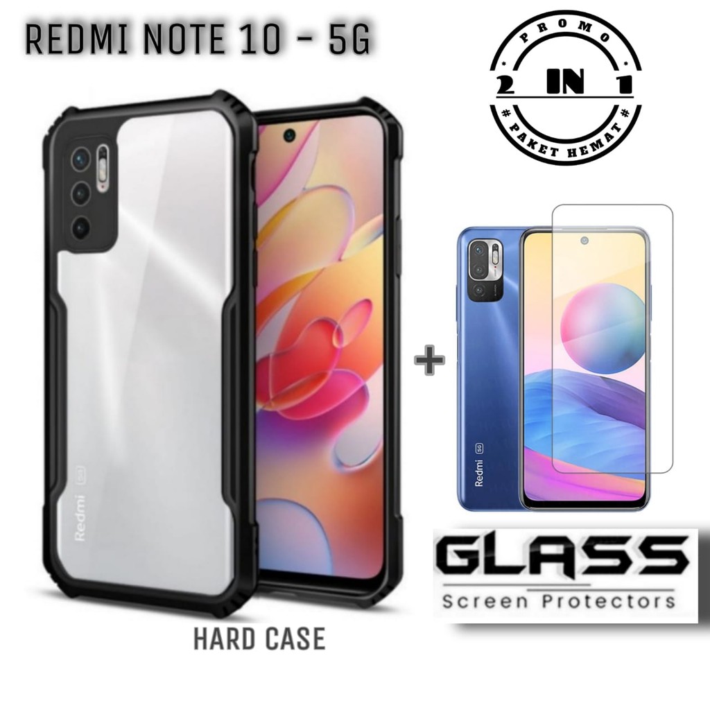 Case REDMI NOTE 10 5G Paket 2in1 Hard Case Fusion Shockproof Transparant Free Tempered Glass Clear