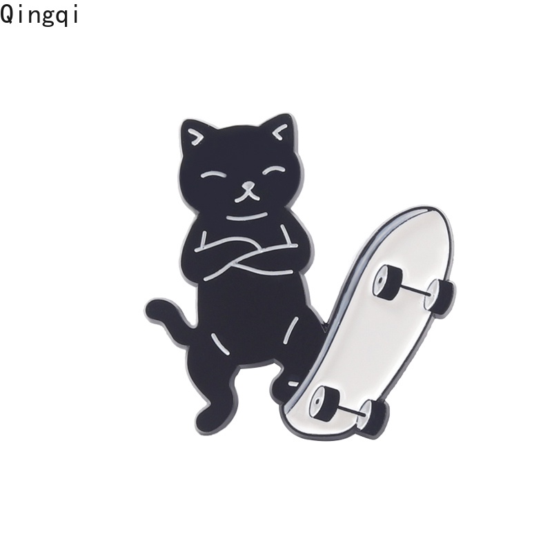 Bros Pin Enamel Bentuk Kucing Hitam Skateboarding Untuk Aksesoris Kerah