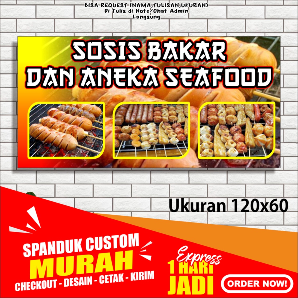 Banner Sosis Bakar Aneka Sate Seafood, Spanduk Sosis Bakar Aneka Sate Seafood, 120x60 cm, ( Bayar