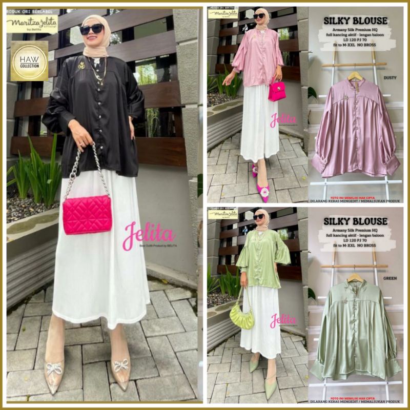 Blouse Jumbo Silk Premium Lengan Balon Silky Blouse Oversize Top LD 120