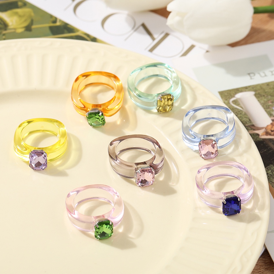 YEEZII Korean Colorful Transparent Rings Acrylic Square Rhinestone Fashion Finger Ring Women Jewelry Accessories