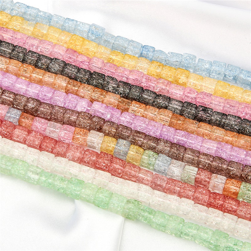 59pcs / 38cm 6mm 11 Warna Manik-Manik Kubus Kaca Retak Untuk Membuat Perhiasan Anting Gelang Wanita Diy