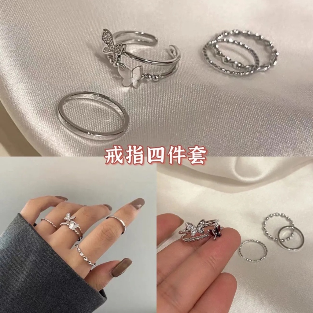 4pcs / Set Cincin Model Terbuka Adjustable Desain Kupu-Kupu Gaya Korea Untuk Wanita