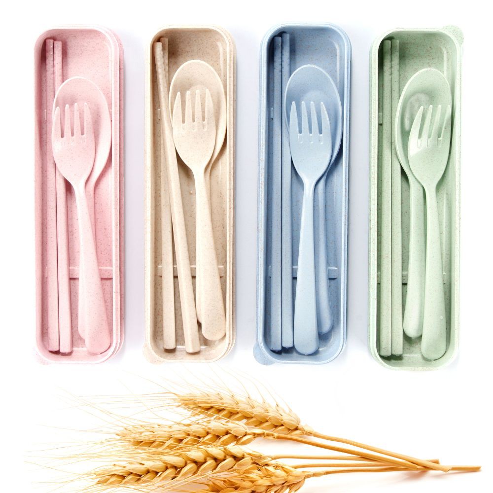 CUTLERY SET PERALATAN MAKAN WHEAT STRAW GANDUM JERAMI SENDOK GARPU SUMPIT REUSABLE