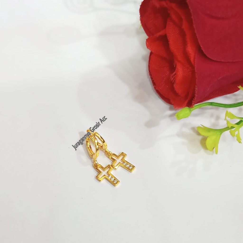 ANTING SALIB TITANIUM JUNTAI PERMATA ZIRCON LOGAM EMAS18K VARIAN MOTIF ANTI KARAT