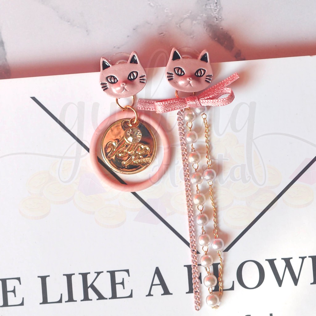 Anting Stud Pink Cat Asimetris Pearl Kucing Panjang Lucu Unik GH 203575