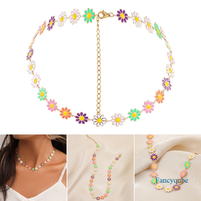 Fancyqube Kalung Choker Rantai Klavikula Desain Bunga Matahari Daisy Warna-Warni Gaya Vintage Untuk Wanita