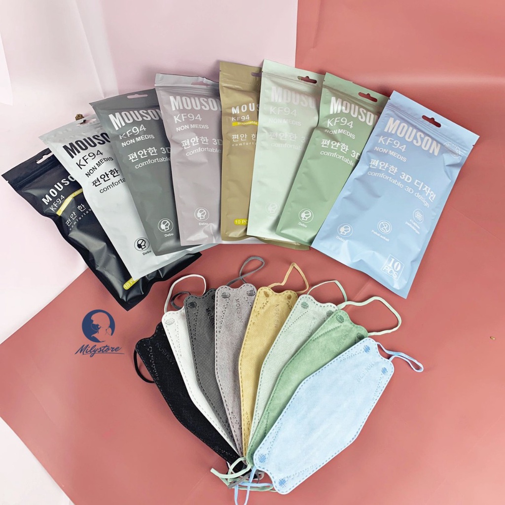 Masker KF94 Mouson Hitam Putih Warna 4 ply Original Emboss Earloop 10 pcs