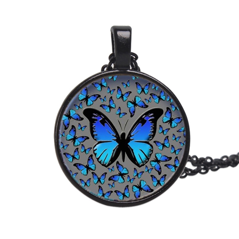 Kalung Rantai Tali Lilin Liontin Kayu Motif Kupu-Kupu Warna Biru Sapphire