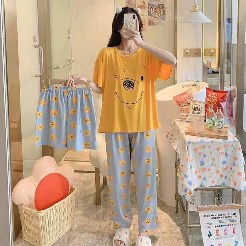 Stelan Baju Tidur Wanita Dewasa 3 IN 1 Kartun Piyama Bahan Nyaman Wanita Dewasa import