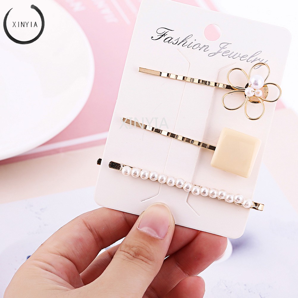 【5 Groups】3pcs/set Korea Jepit Rambut Bunga Metal Pearl Hairpin Clip Hairclip