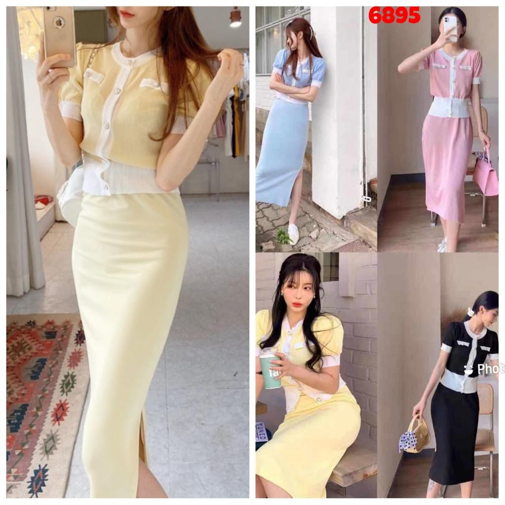 Pakaian Setelan Baju Lengan Pendek Set Rok Span Panjang Wanita Rajut Import G6895