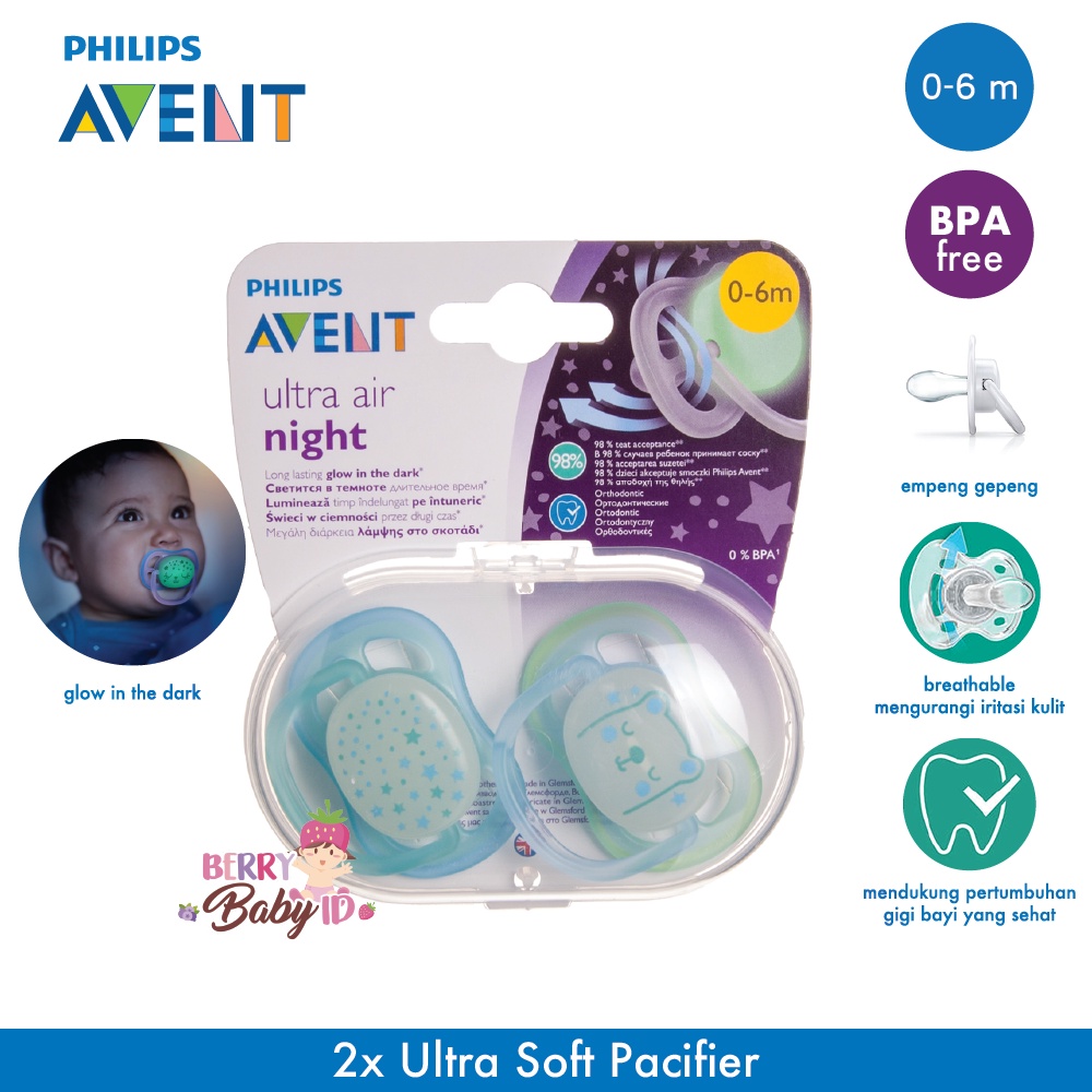 Philips Avent Ultra Air Night Empeng Bayi Soother Night Time 0-6 Month Berry Mart