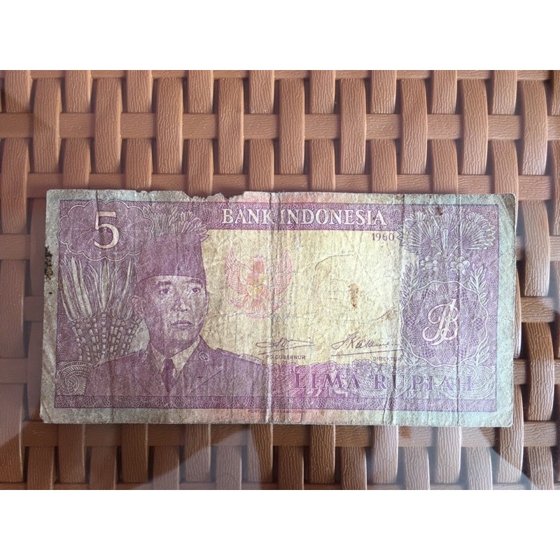 uang kuno 5rupiah seri Soekarno tahun 1960 no seri bagus