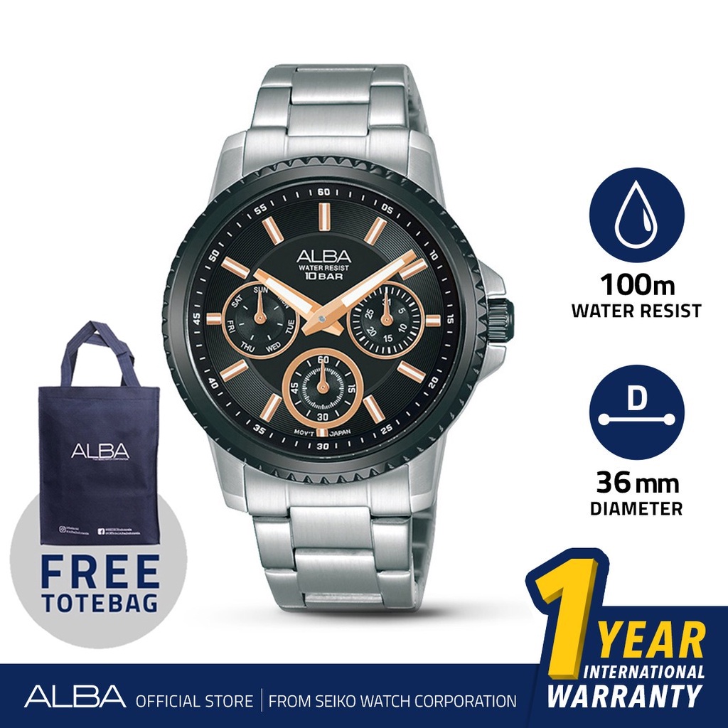 Alba Active Jam Tangan Wanita AP6661 / AP6661X1 Quartz Black Dial Stainless Steel Strap Watch