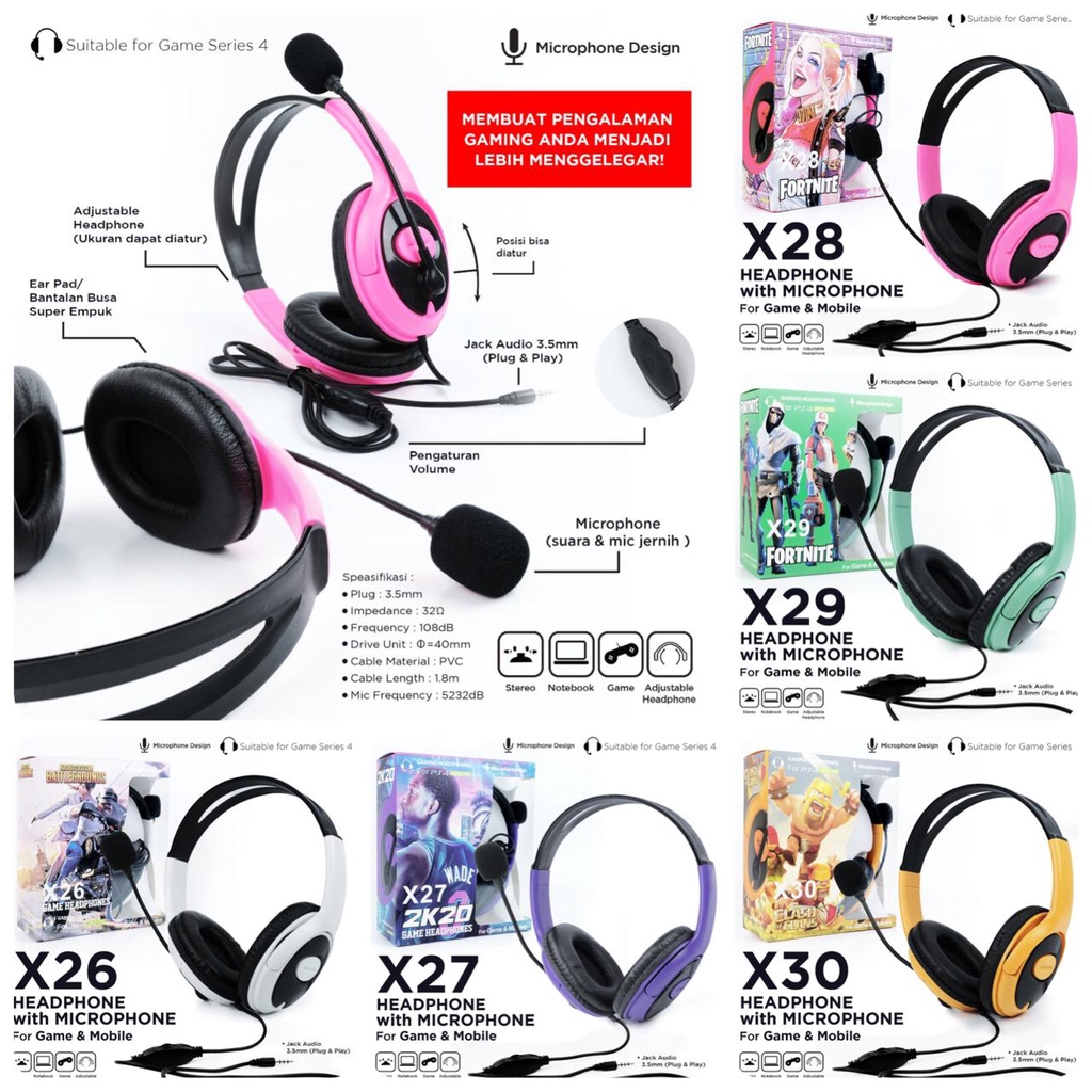 Handset Gaming wired + mic Stereo Bass Hp Computer Laptop earphone Handsfree