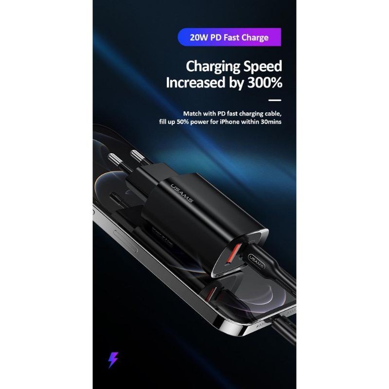 USAMS Adaptor Charger PD Fast Charging USB + Type C QC 3.0 20W