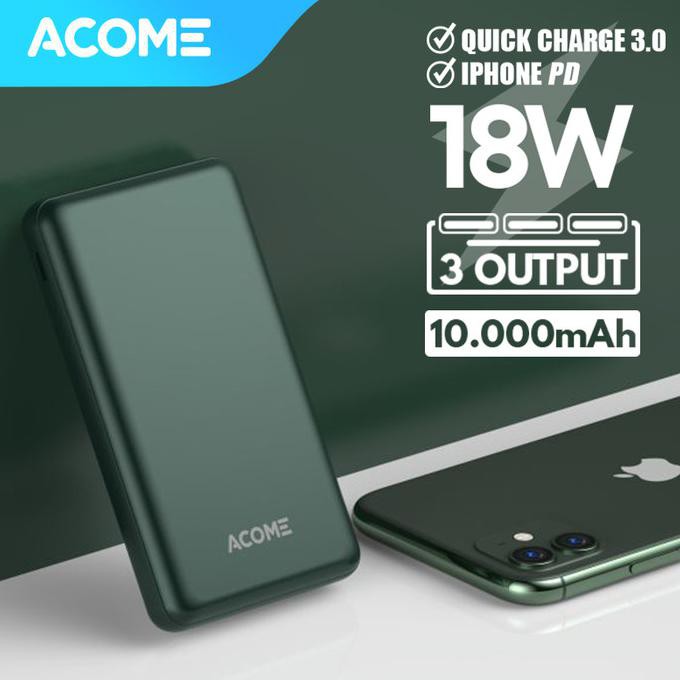 ACOME POWERBANK 10000MAH QC 3.0 - 2 OUTPUT - GARANSI 18 BULAN - AP102 - AP105 DARKGREEN