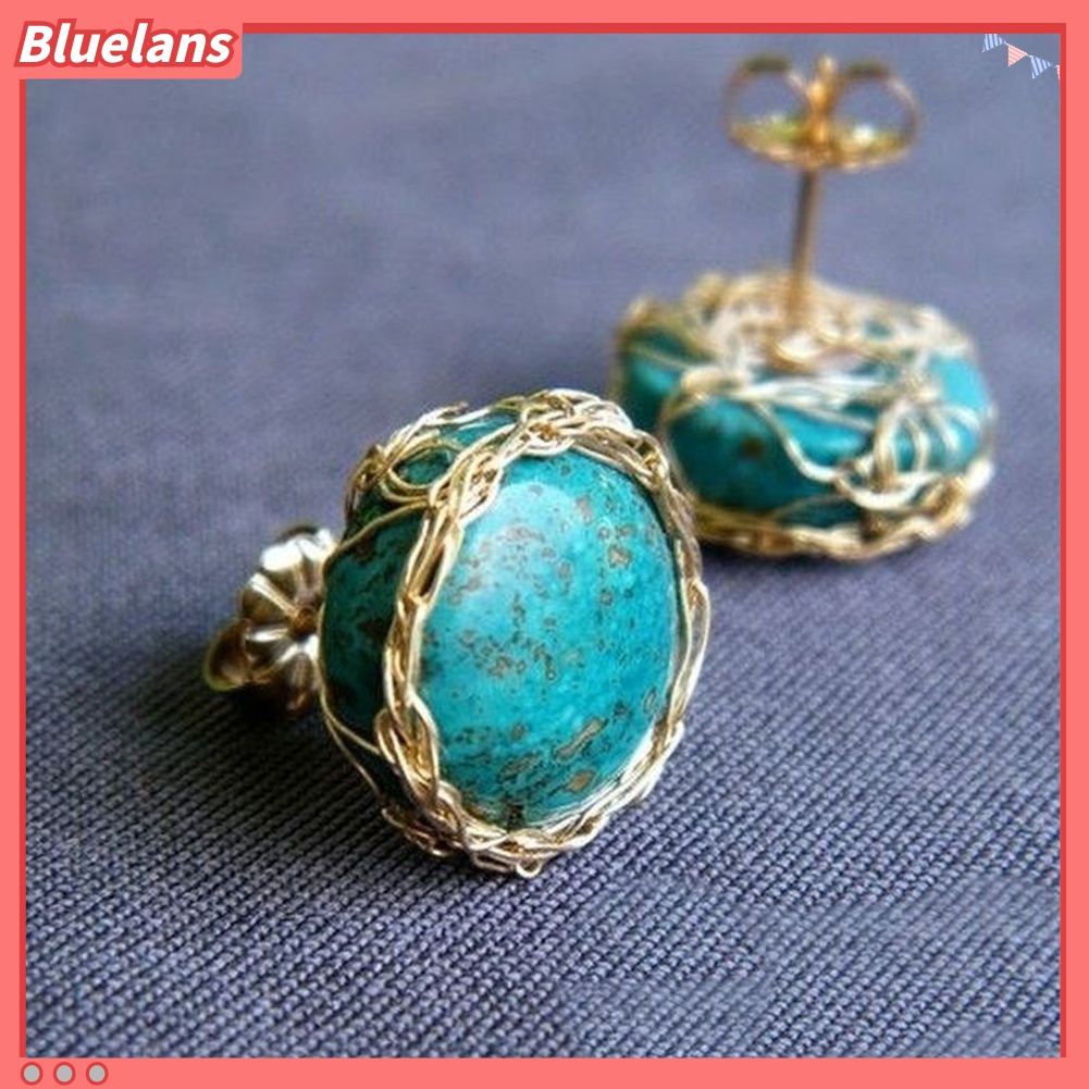 Anting Stud Bentuk Bulat Turquoise Imitasi Gaya Vintage Untuk Wanita